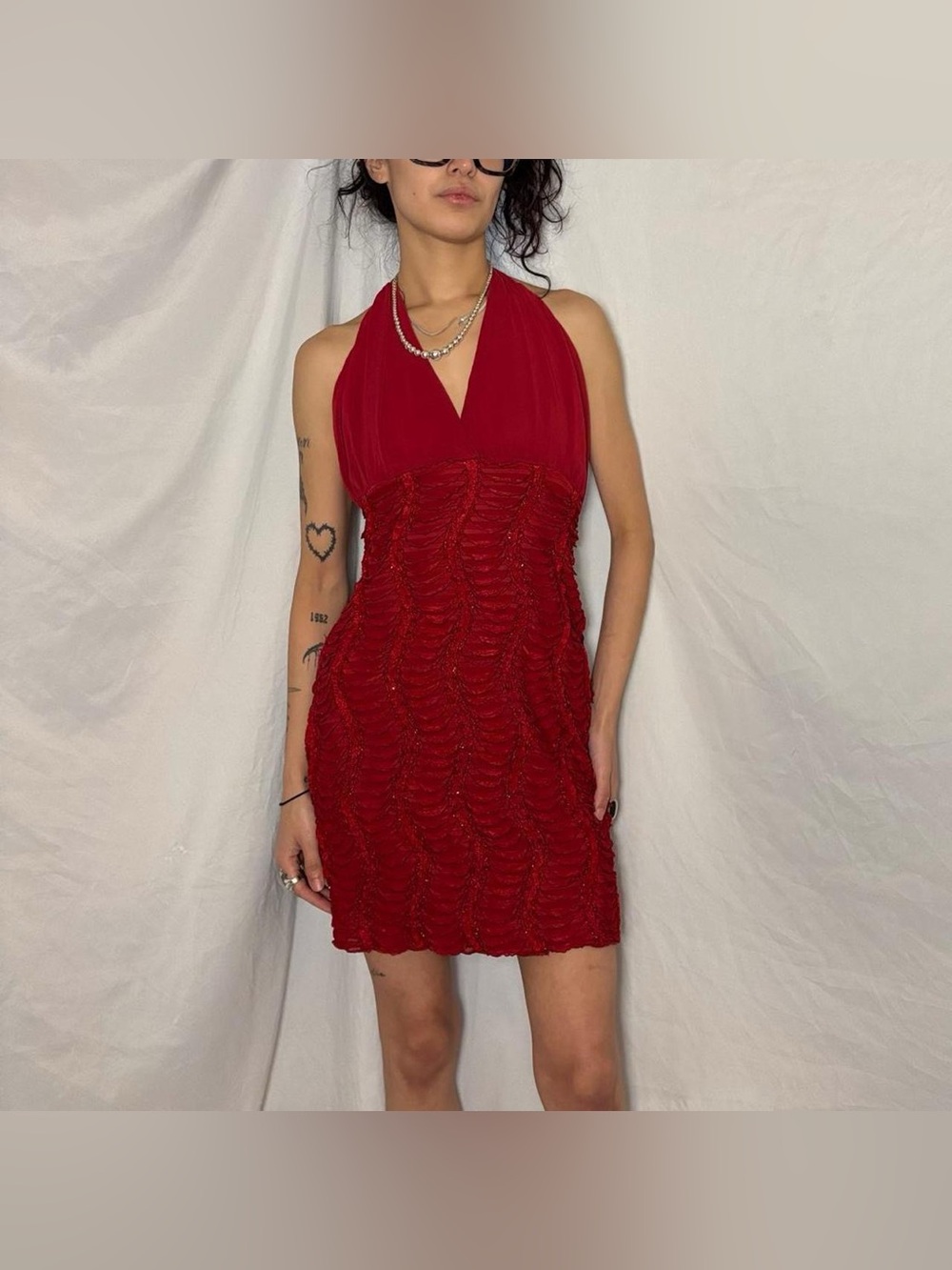 Just Me Sparkly Cherry Red Ruched Mini Halter Dress Size Large